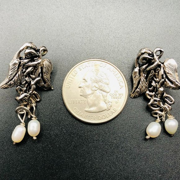 Artisan Sterling Silver Pearl Earrings & Cluster Pearl Ring Size 5 - 18.2 Grams - Picture 5 of 16